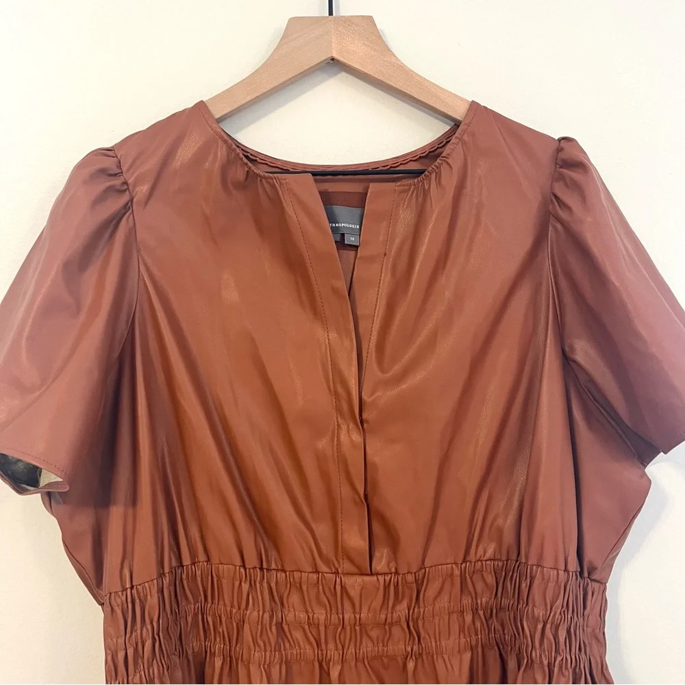 Anthropologie Women’s The Somerset Mini Dress Size 1X Faux Leather Cognac Brown - Picture 6 of 12